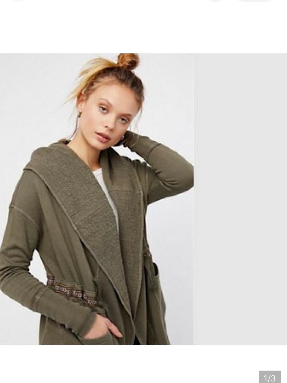 Free People Studio City Olive Open-Front Hooded Cardigan Womens Medium Boho